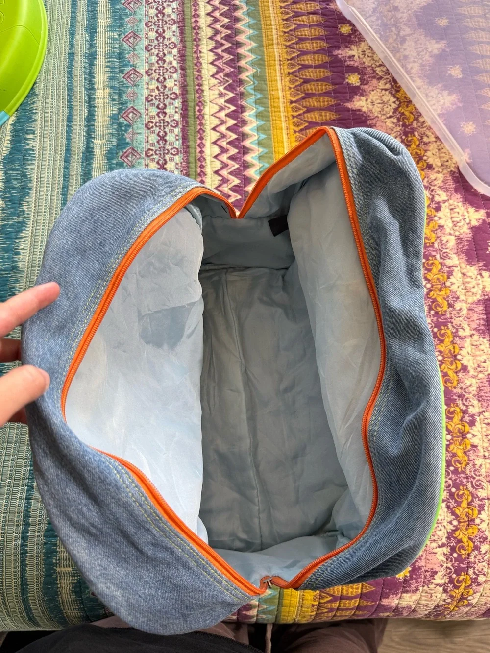 Vintage Y2K Von Dutch Denim Patchwork Bag with Orange Handles and Lime Trim